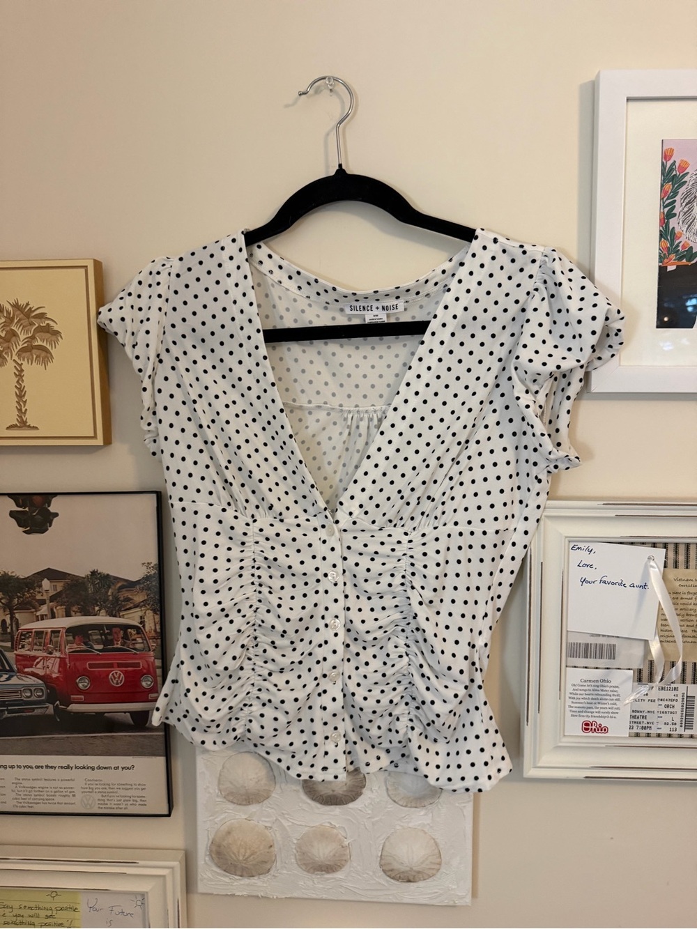 Silence + Noise White Polka Dot V-Neck Ruffled Blouse medium